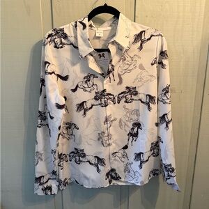 Women's White and Black Horse Print Button Down Shirt